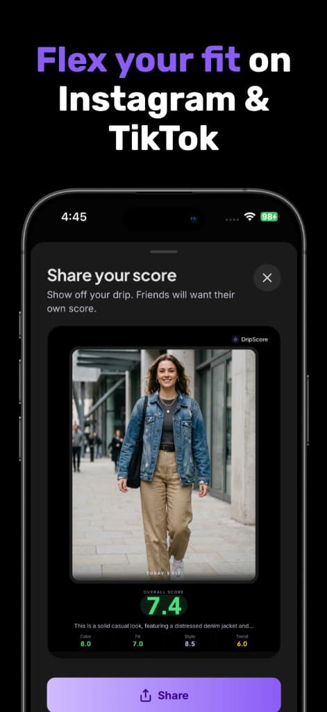 DripScore share sheet for social media